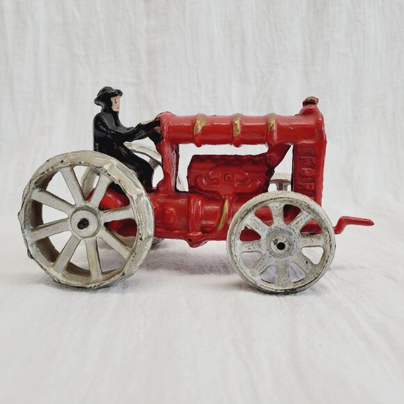 Vintage Cast Iron Tractor Toy - Tractor Cast Iron Toy - Vintage Farmer on Tracto - Picture 1 of 8